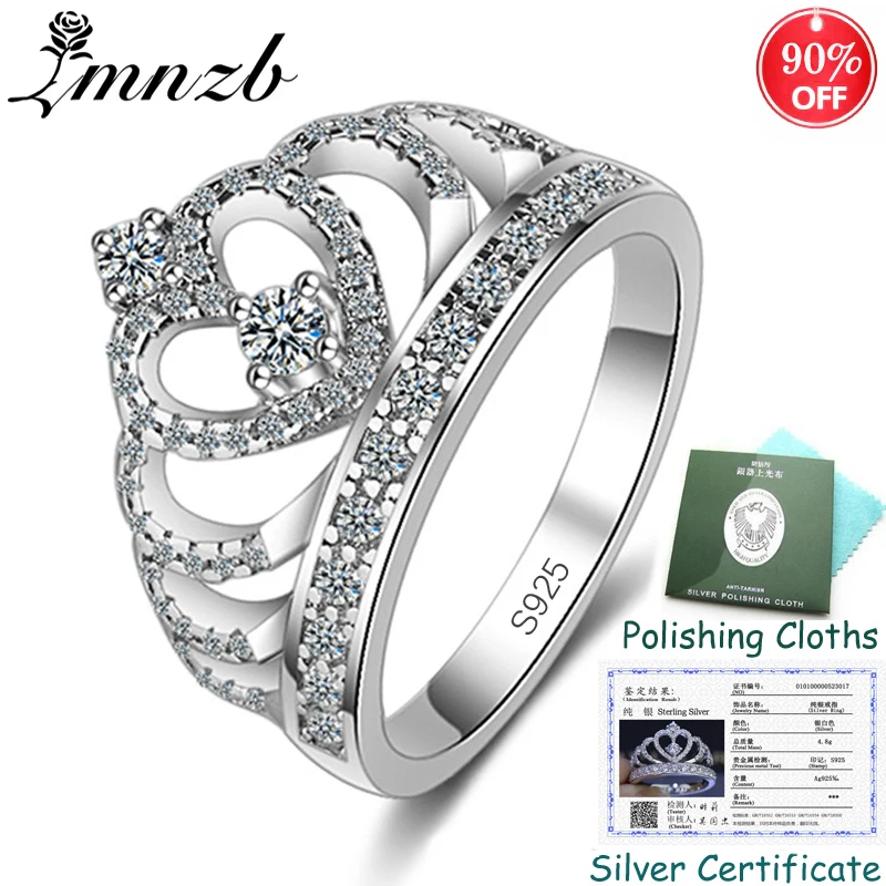 

Sent Certificate! Women Real 925 Solid Silver Crown Ring Cubic Zircon Princess Queen Engagement Rings Wedding Jewelry ZSRA017