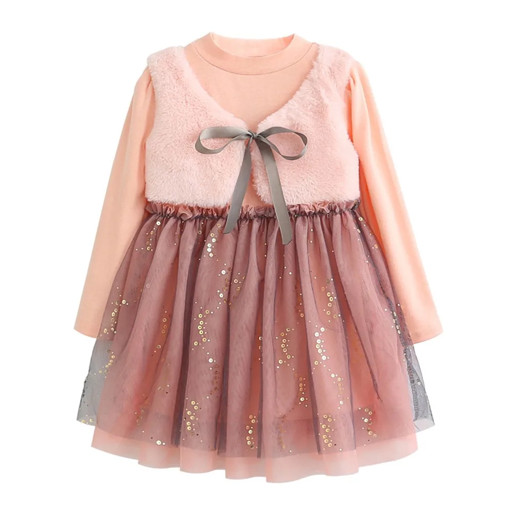 Cute Toddler Kid Baby Girl Solid Ruched Patchwork Bow Party Waistcoat Princess Dress Autumn Winter long sleeve baby dress