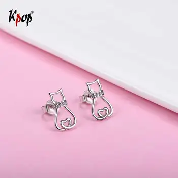 

Kpop Cat Kitty Ear Studs Genuine 925 Sterling Silver AAA+ Cubic Zirconia Earrings for Women Valentines Gift E6002
