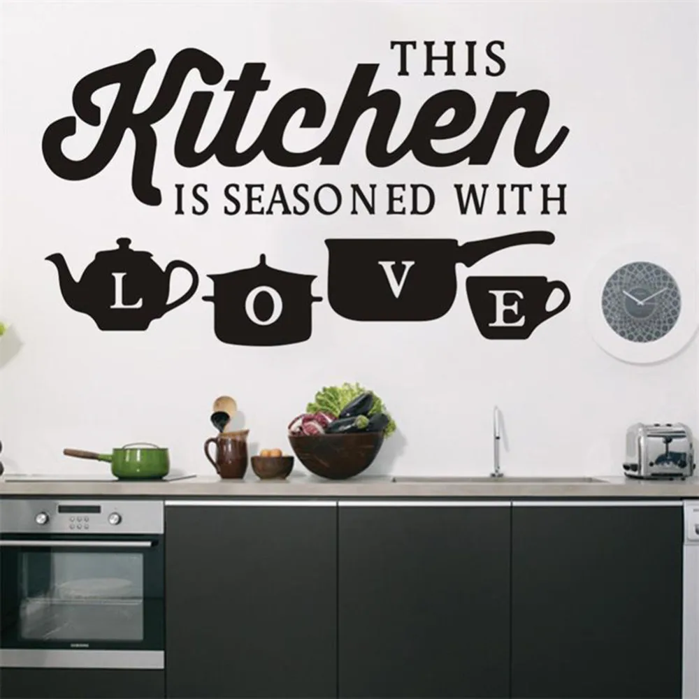 

THIS KITCHEN IS SEASONED WITH LOVE Quotes Wall Stickers for Restaurant Home Decoration Removable Decals Art DIY Black Sticker