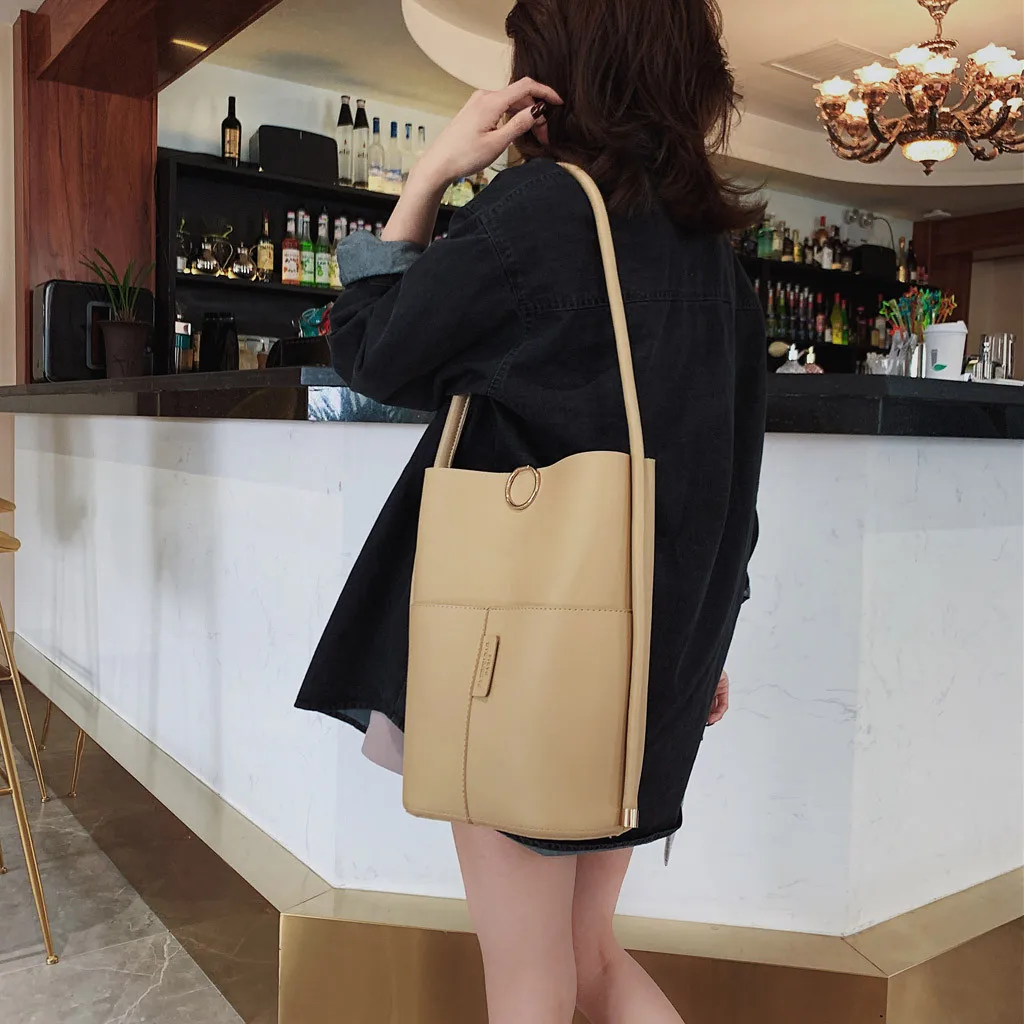 Женская мода простой выдалбливают Твердые кожаные сумки через плечо дикий большой емкости цилиндрическая сумка типа «ковш» Bolso De Mujer 5H