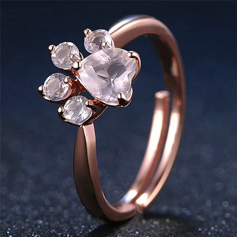 

1Pc Cute Bear Paw Cat Claw Opening Adjustable Ring Rose Gold Rings For Women Romantic Wedding Pink Crystal CZ Love Gifts Jewelry
