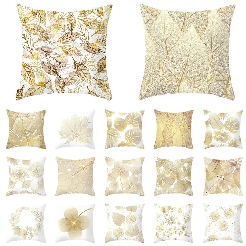 Золотистые цветы, подушка с принтами листьев, покрывало из полиэстера, подушки, мягкая декоративная наволочка для дома, дивана, стула, наволочки, 40816