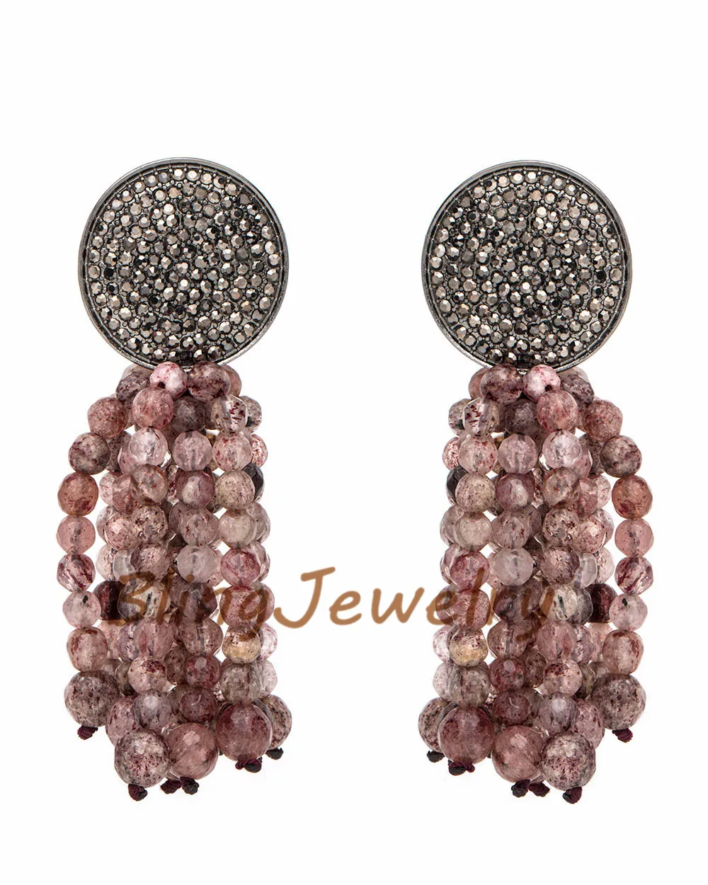 

3 Colors Pave Disk and Gems Stone Beads Fringe Tassel Earrings Clip On Earrings Small Beads Tassel Earrings ER28809