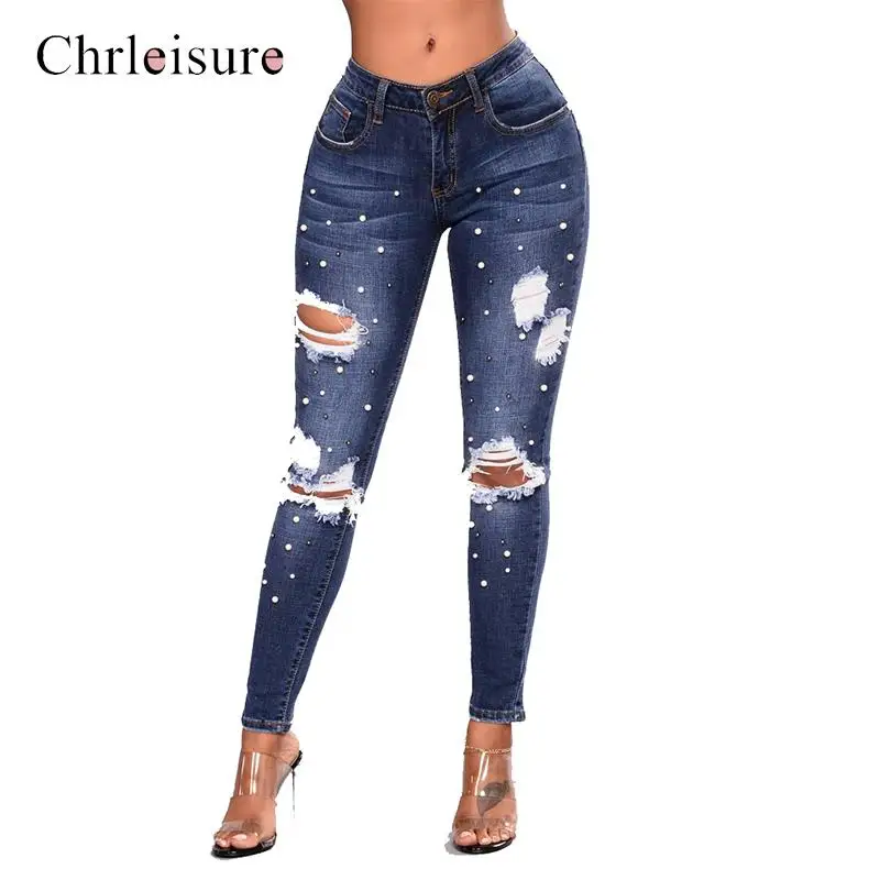 

Chrleisure Women Fashion Destroyed Ripped Pearled Slim Denim Pants Jeans Ladies Womens Casual Jeans Trousers
