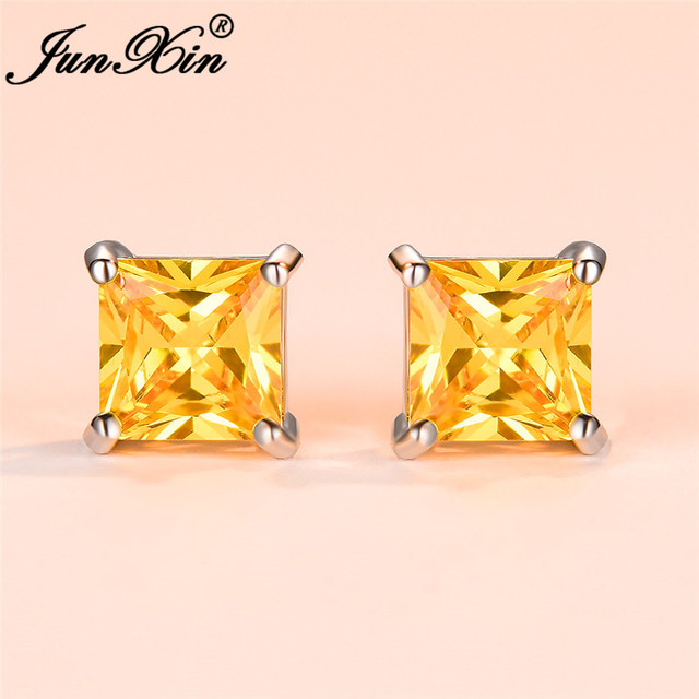 Female 6mm Small Yellow Stone Earrings Fashion Silver Color Wedding Double Earrings Vintage Stud Earrings For Women