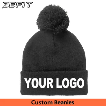 

Customized Winter Hats with Pom Pom Ball Custom Embroidery Tag LOGO Texts Solid Adult Men Women Team Knitted Beanies