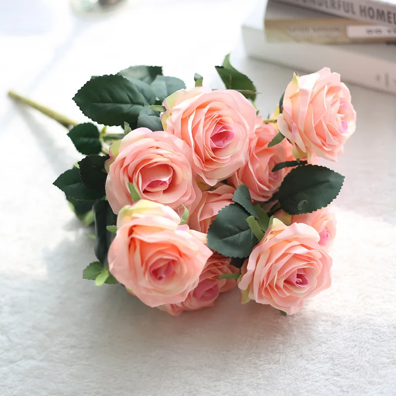 1 букет французских искусственных шелковых роз, букет цветов, искусственные цветы, Свадебный декор, вечерние цветы - Цвет: 6