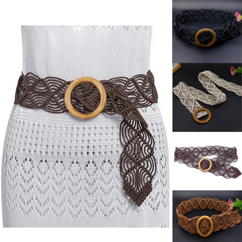 

2019 Newest Hot Women Ladies Soft Weave Wrap Around Tie Corset Cinch Waist Wide Dress Belt Vintage Metal Flower Stretch Buckle