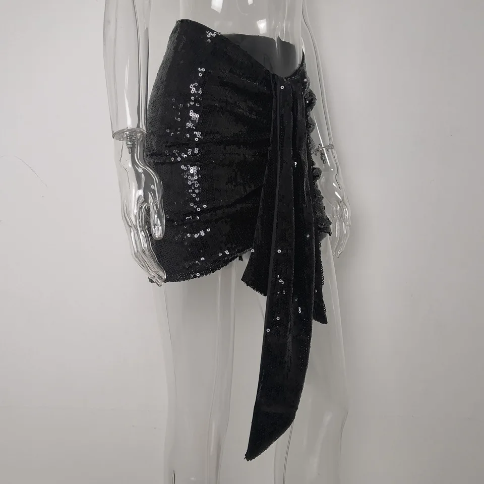 Cakucool элегантные длинные юбки с пайетками женские шикарные Асимметричные спереди прямая драпированная короткая юбка со складками сексуальные Клубные вечерние костюмы юбки