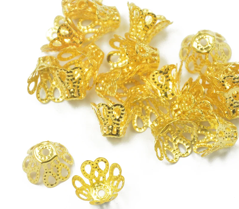 100pcs Gold Tone Iron Metal Flower Bead Caps For Jewelry Making 12 x 7mm