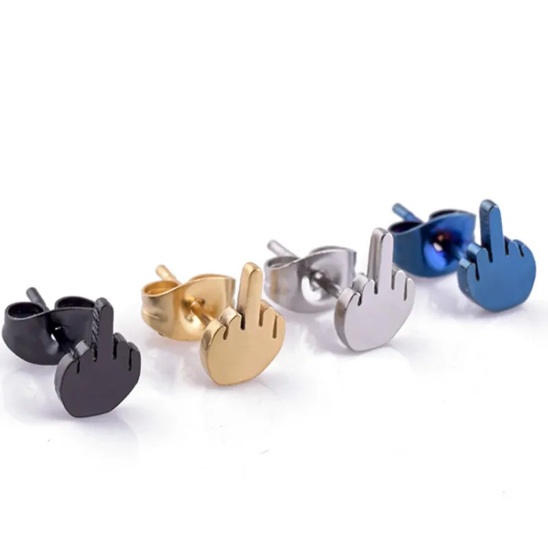 

4 Color Fashion Rock Middle finger Shape Men And Female Personalized Earrings Stainless Steel Jewelry Stud Earring Punk Cool