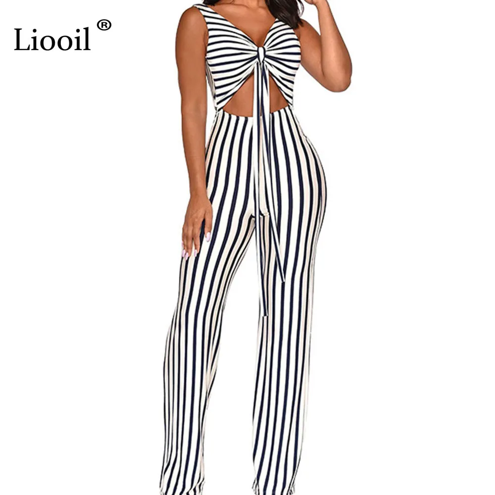 

Liooil Backless Sexy Stripe Jumpsuits For Women 2019 Patchwork V Neck Lace-Up Black White Party Rompers Womens Jumpsuit Overalls