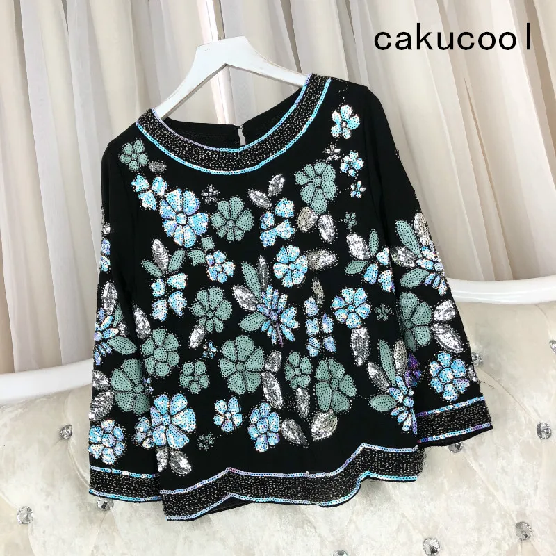 

Cakucool Women Summer Beading Blouse O-neck Long Sleeve Shirts Floral Embroid Chiffon Blusas Spring Elegant Pull Blouses Female