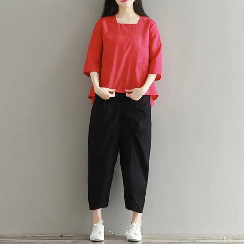 Linen Harem Pants Capris Women Spring Autumn Vintage Casual Pant Female