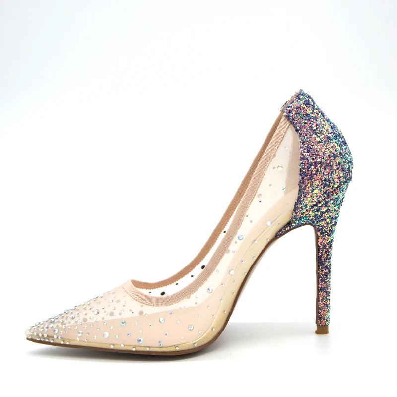 2018 summer bling bling Plus Size 34-43 High Quality Mesh Air Crystal Women Pumps Silver Glitter High Heels Woman Party Shoes