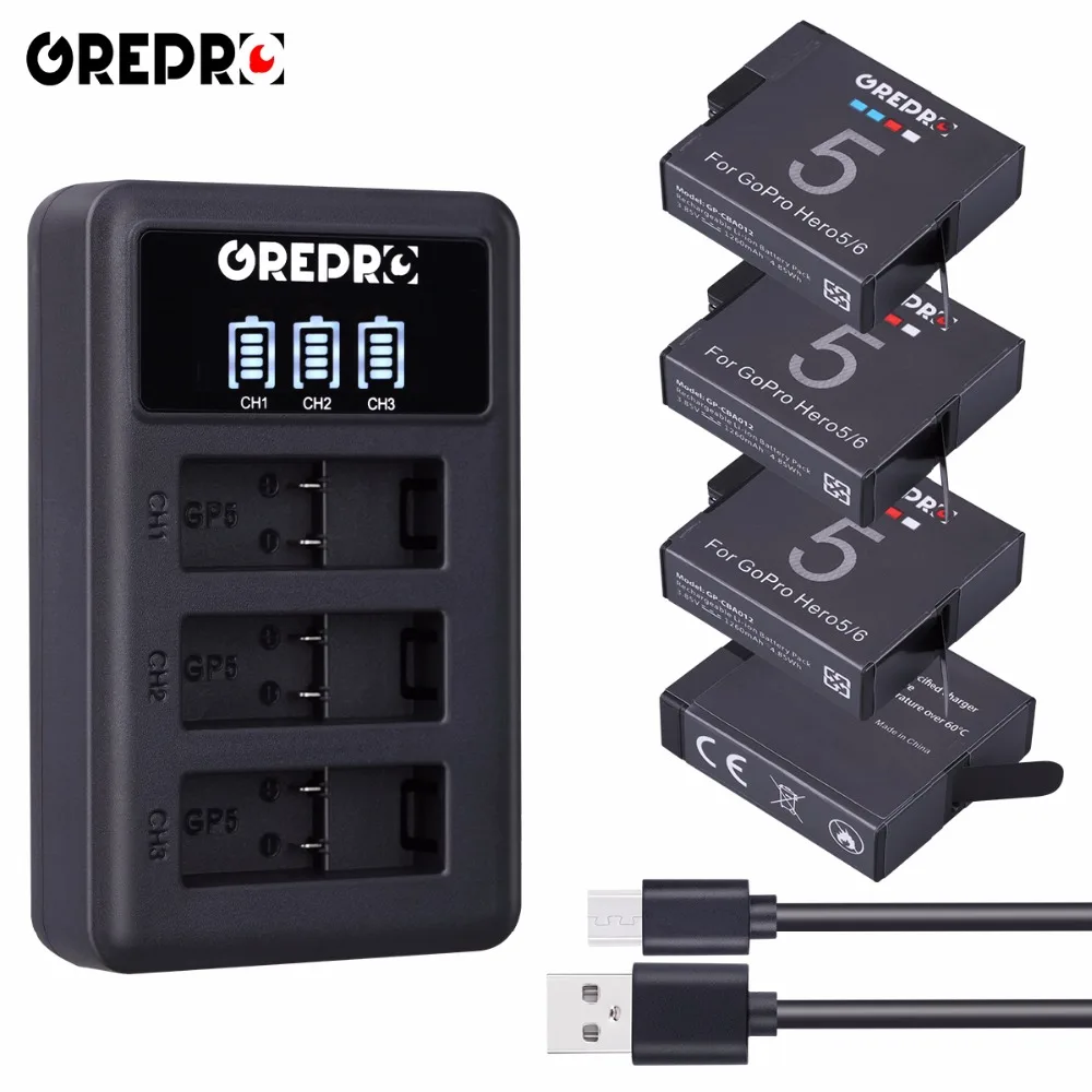

GREPRO 4pcs 1600mAh AHDBT501 501 Gopro hero 5/6/7 Camera Battery+3Slots LED USB Charger for GoPro Hero 5 / Hero 6 Black Gopro