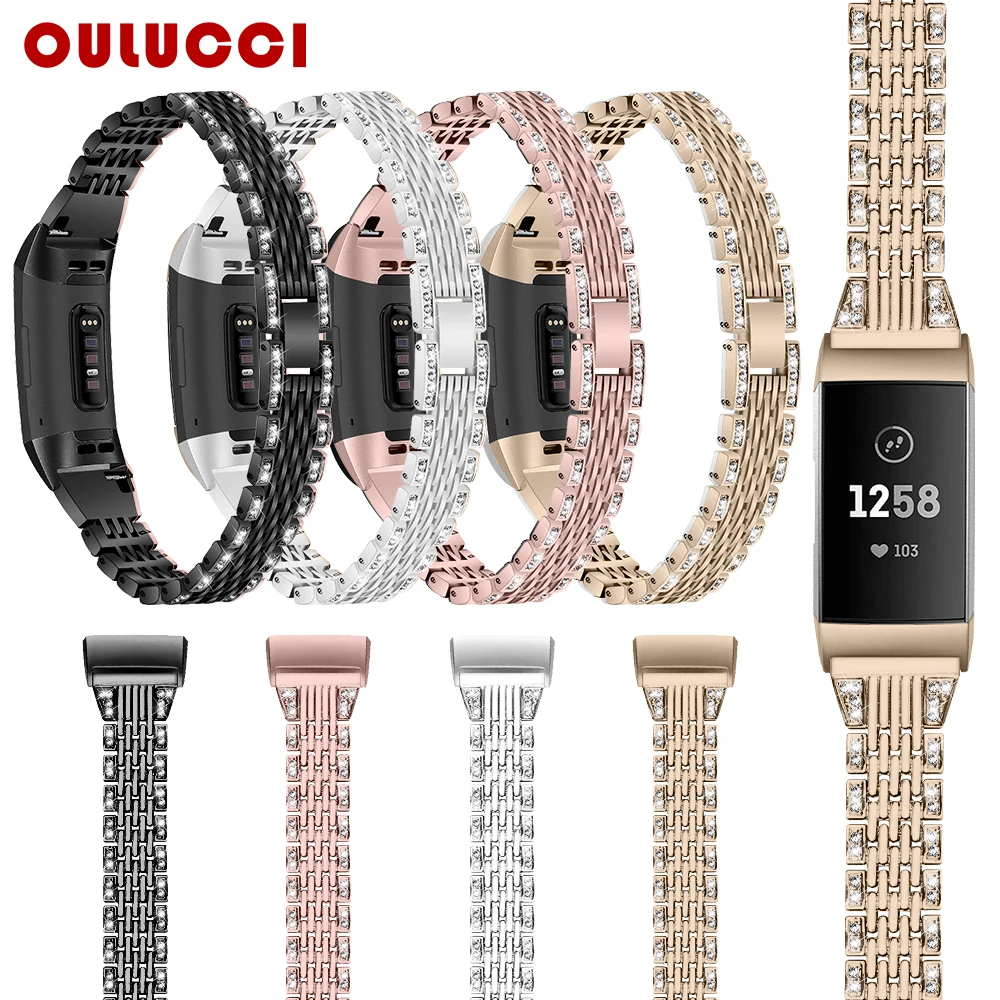 

Oulucci New Fashion Luxury Link Metal Bracelets Fit bit Watch Band Replacement Adjustable Straps Crystal For Fit bit Charge 3