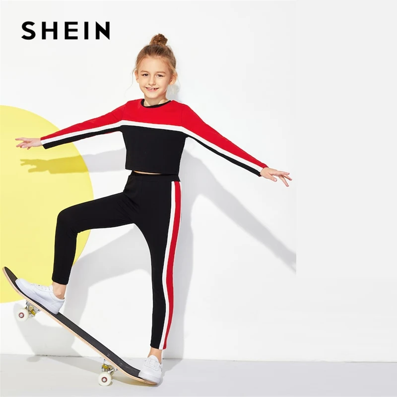 SHEIN كيدي Colorblock المحاصيل بلوزات وسراويل الفتيات الملابس اثنين من قطعة مجموعة 2019 نشط ارتداء الأزياء طويلة الأكمام الأطفال الملابس