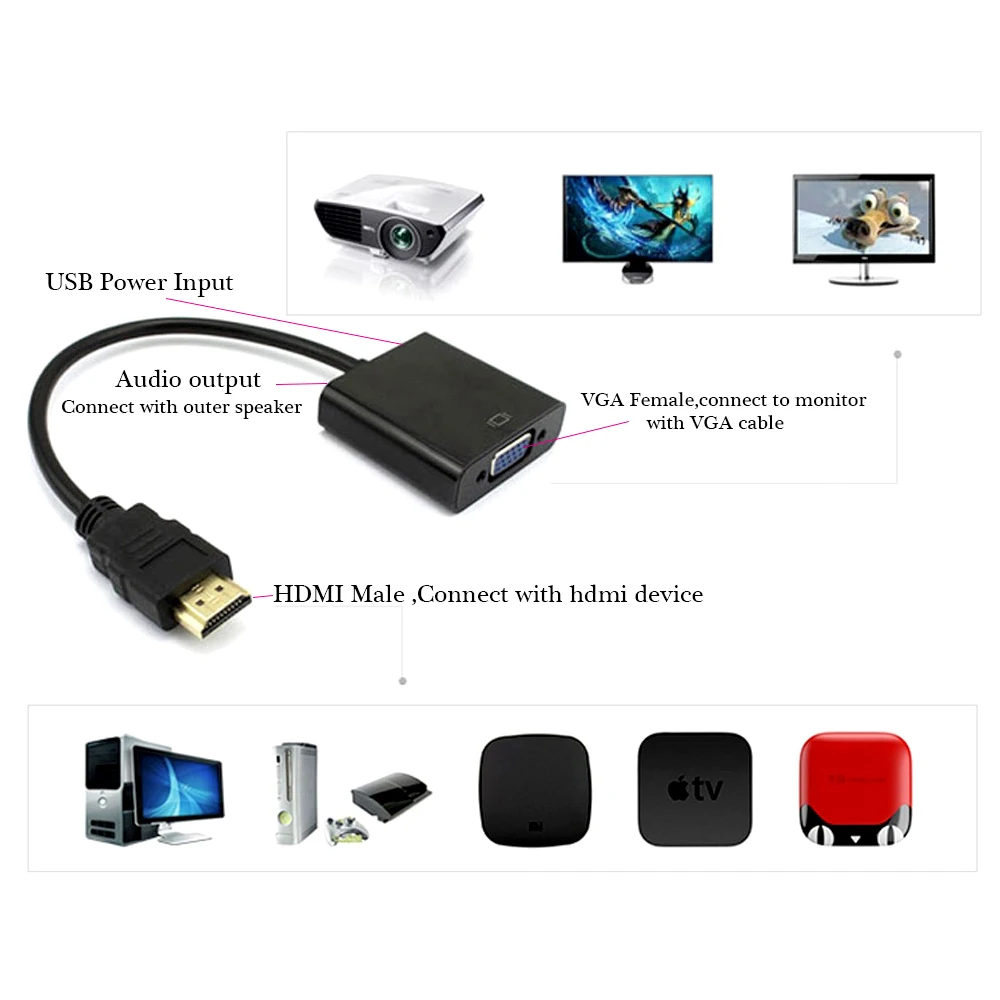 Perlinta HDMI TO VGA с аудио кабель и дополнительные USB Адаптеры питания, позолоченные высокого-Скорость 1080 P HDMI конвертер VGA адаптер