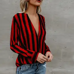 Новые с длинным рукавом Глубокий V средства ухода за кожей Шеи Sexy Stripes блузка для женщин Повседневное High Street свободные полосатые блузк