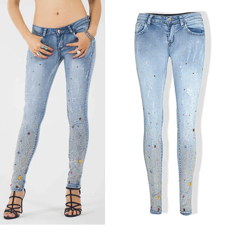 Women Skinny Jeans With Rhinestones Plus Size Colored Diamonds Pencil