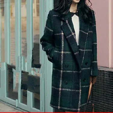 

Wool & Blends Autumn Winter Coat Women 2019 New Fashion Slim Long Woman Coats Plaid Woolen Jackets Green Casacos A0421