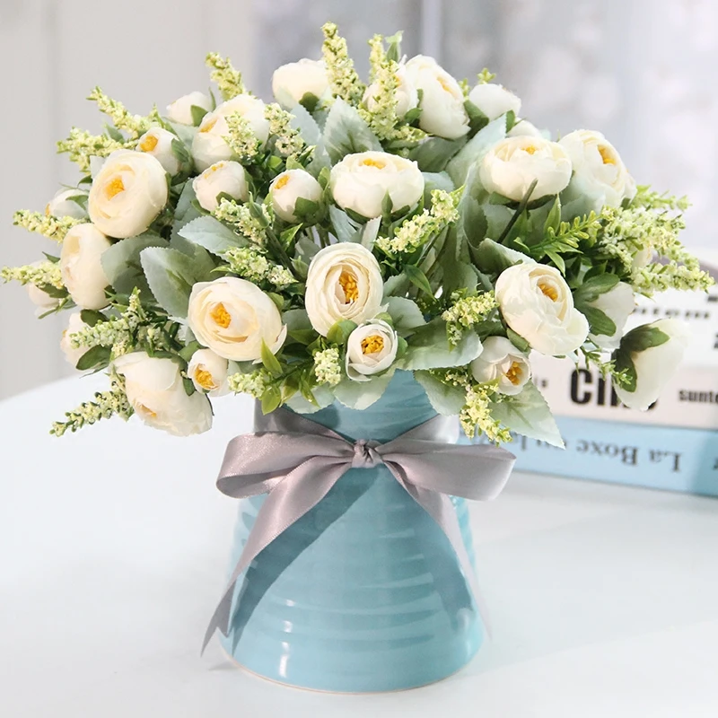 

Modern Desktop Ceramic Vase+Rose Artificial Flower Figurines Home Office Cafe Fake Flower Pot Ornament Wedding Gift Decoration