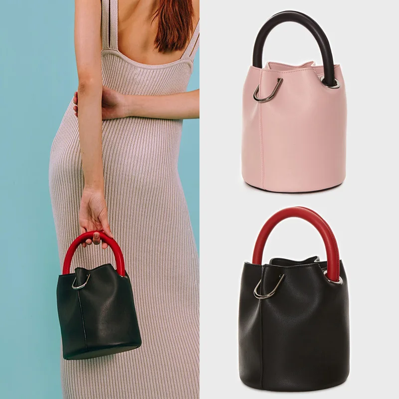 

Hit Color Women Bucket Bag Large Capacity Hard Handle Tote Designer Fashion Handbag Drawstring Ladies Phone Bag Beach Bags 2019