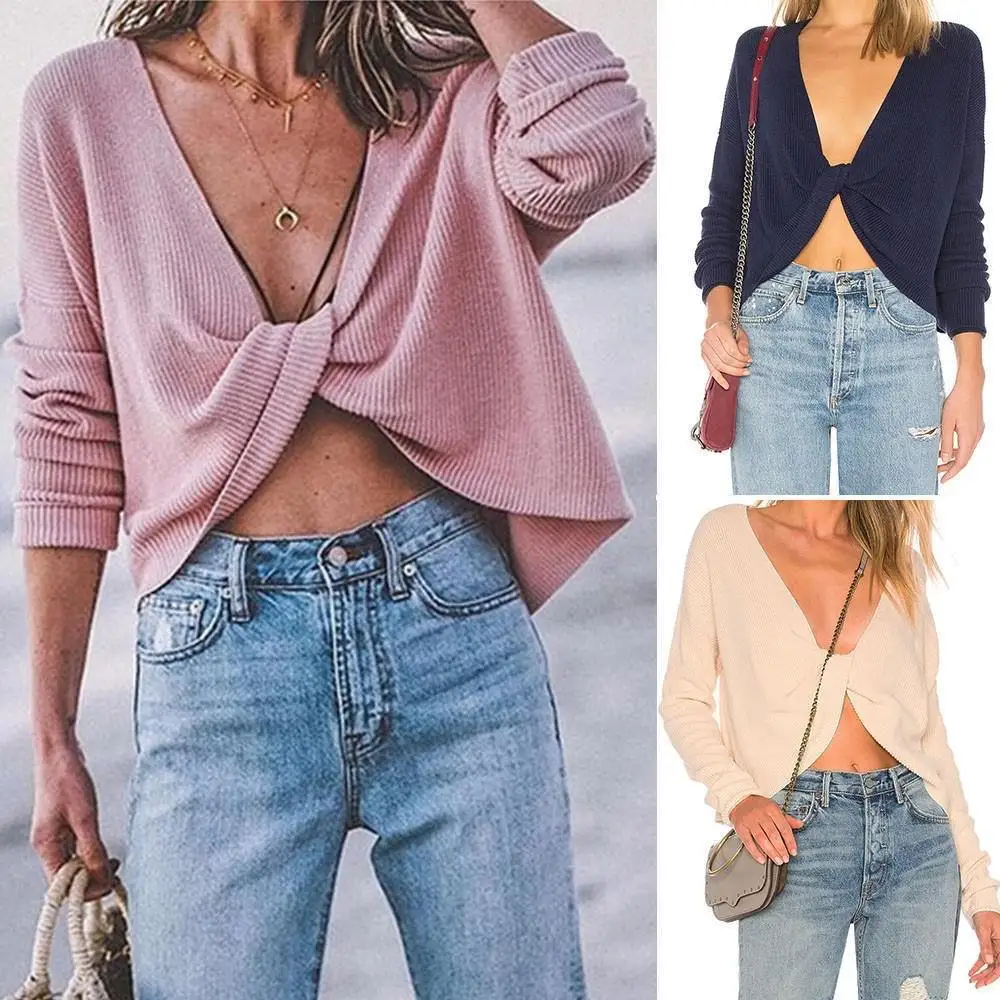 

hirigin Women Casual Long Sleeve Knitted T-Shirts Cardigan Outwear Solid Loose Bow Tie Front Tee