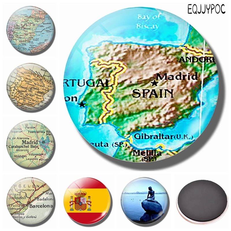 

Kingdom of Spain Flag Fridge Magnet Madrid Barcelona Map Souvenir 30MM Glass Cabochon Refrigerator Magnetic Holder Decoration
