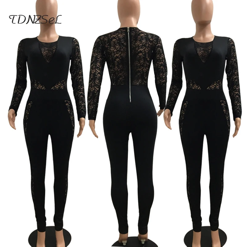 Sexy Long Sleeve Lace Hollow Out Patchwork Jumpsuit Women Black Red Blue High Waist Zipper Backless Skinny Bodysuit Nightclub