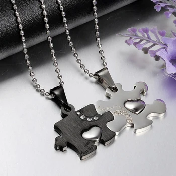 

A Pair Stainless Steel Heart Puzzle Pendant Necklace for Lovers Couples Mens Womens Polished