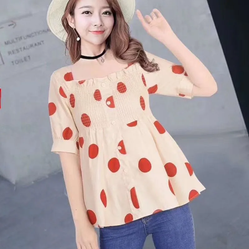 

2019 New Women Blouse Fashion Polka Dot Print Short Sleeve Shirt Casual Loose Square Collar Button Ruffles Blouses Basic Tops