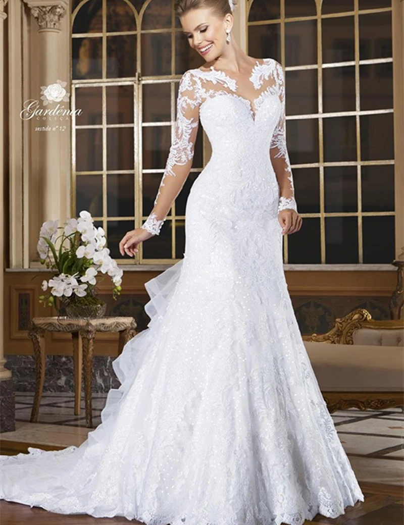 

Sexy A-line Wedding Dresses 2016 Romantic Appliques Lace Bride Dresses Button Back Long Sleeve Vestido De Noiva