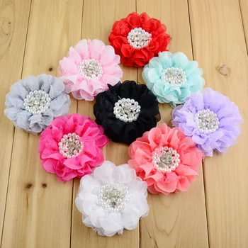 

80 pcs/lot , Soft Chiffon and Lace Ruffle (3" inch) Fabric Flowers w/ Rhinestones Pearls - Layered Beaded fabric flowers
