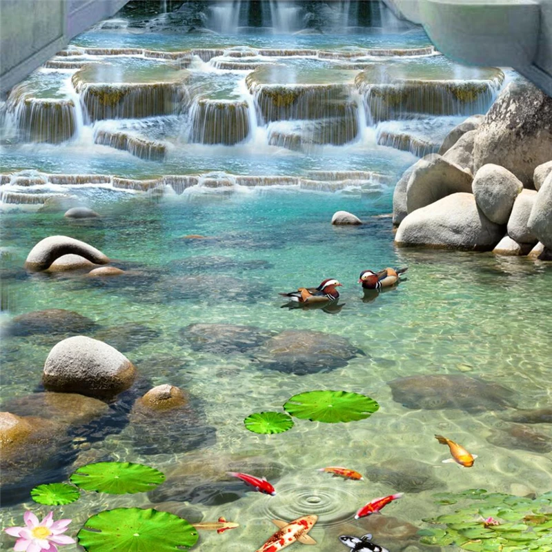 wellyu Waterfall mandarin duck lotus goldfish 3D painting background