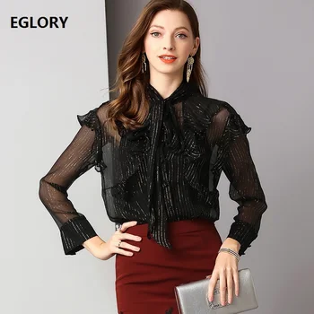

High Quality Black Silk Shirts 2019 Spring Summer Sexy Blouse Women Bow Collar Golden Striped Patchwork Long Sleeve Shirt Female