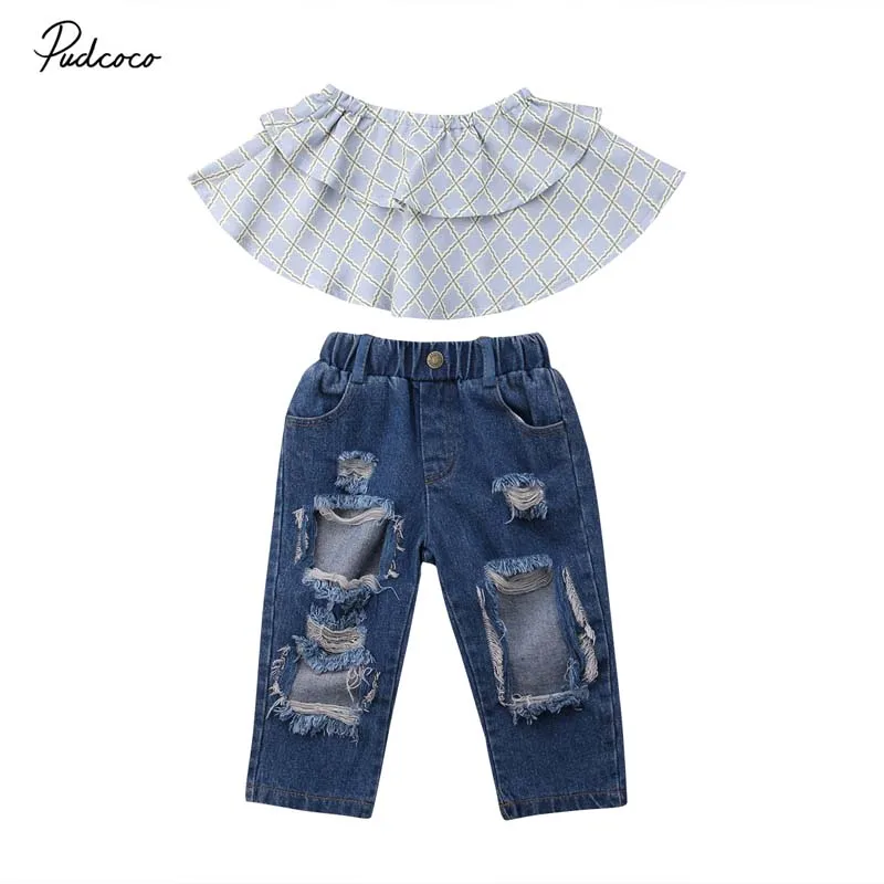 

2019 Brand Toddler Kids Baby Girls New Fashiong Clothing Set Plaid Off Shoulder Crop Tops Denim Holes Long Pants Summer Kid Sets