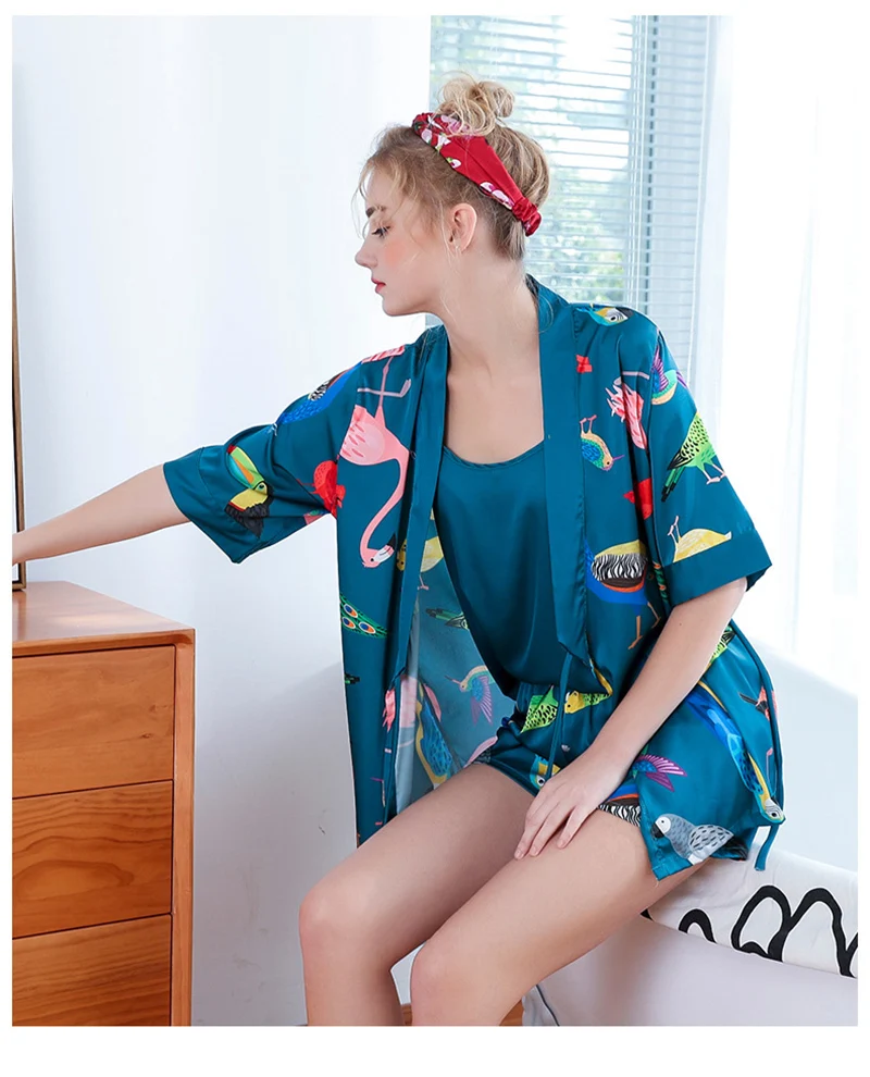 2019 сезон: весна-лето шелковые пижамы для женщин комплект 3 предмета плюс размеры одежда для сна Женская шорты для пикантные