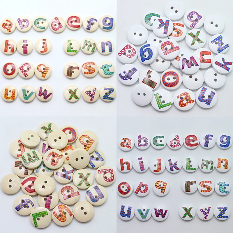 100pcs 2 Holes English Alphabet Cartoon Button Wooden Buttons for Clothing Sewing Craft Decorative Accessories