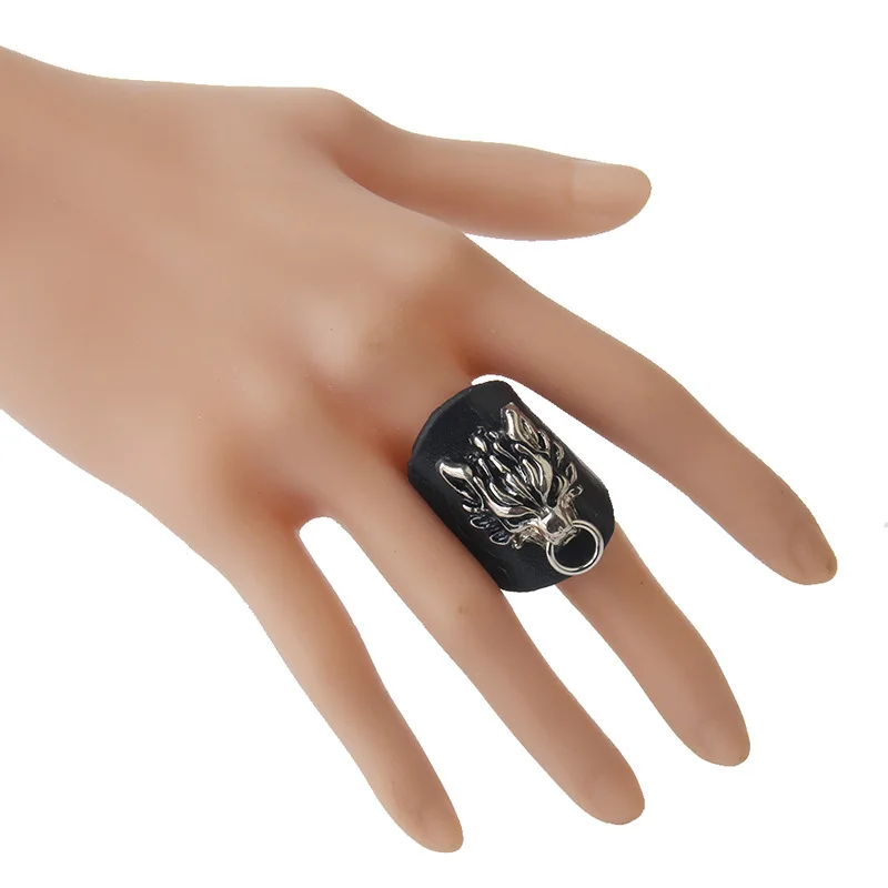 Black Cowhide Rings Lion's Head Alloy Decoration Buckle Adjustable Size 9-15 Punk Style Jewelry for Men Women Party Accessories |