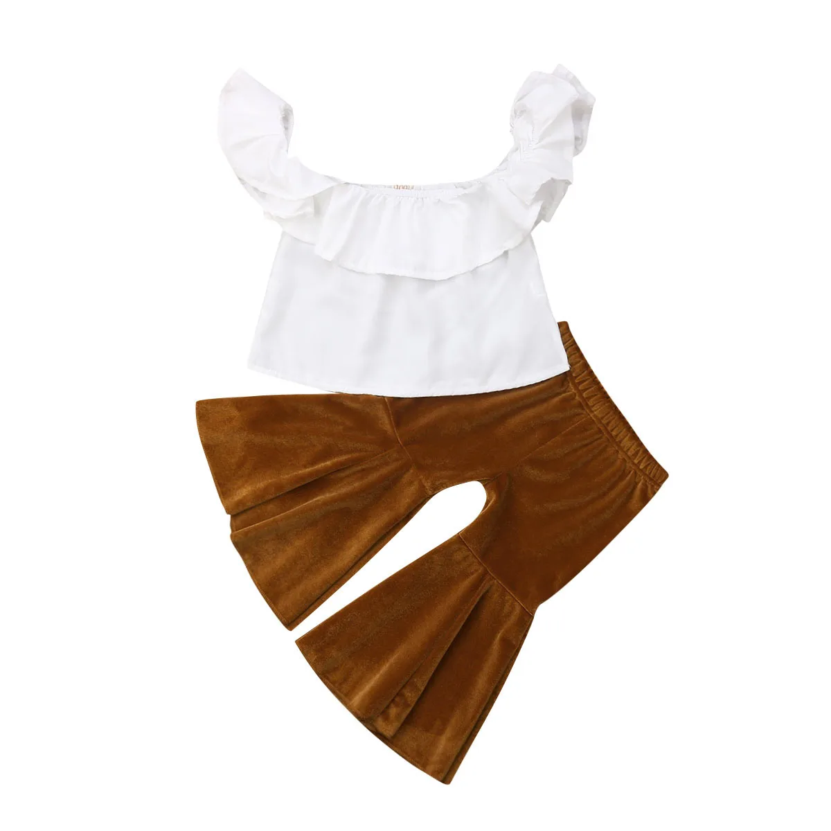 

Toddler Baby Kids Girl Clothes Crop Off Shoulder Sleeveless Solid Tops Flare Long Pants Bell Bottoms Outfits Clothes Set 2019