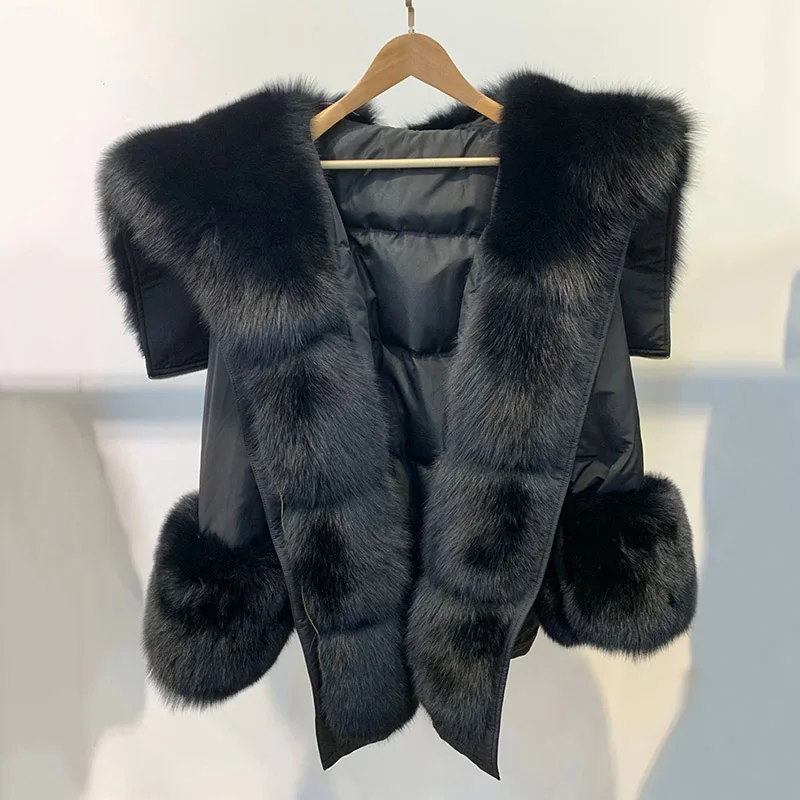 New Winter Women Supper Big Fur Parka Real Fox Fur / Raccoon Fur Hooded Fur Parkers Top Quality Outerwear S7555 - Цвет: Fox Black