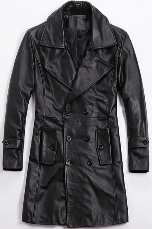 Горячая зимняя новая брендовая куртка из натуральной кожи Мужская тонкая длинная куртка-ветровка стеганая подкладка для сохранения тепла мужские куртки из воловьей кожи - Цвет: Черный