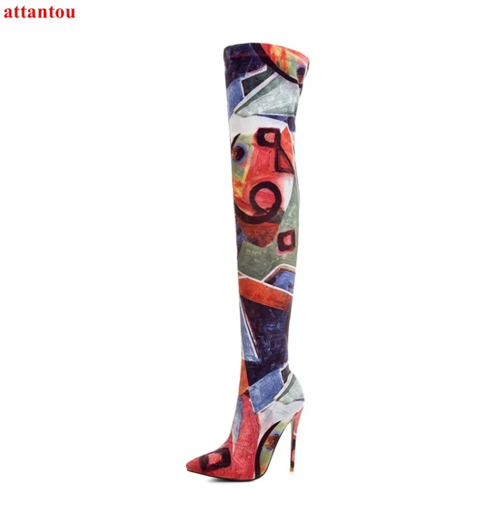 

Beautiful printing women's long boots pointed toe female party show dress shoes autum winter fashion 2019 thin heel stiletto