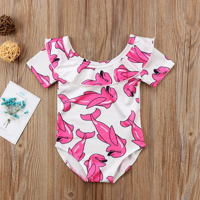 Kids Baby Girl Swimwear 2018 Sweet Pink Dolphin One Piece Swimsuit