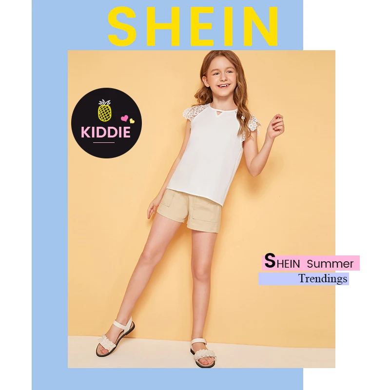 SHEIN Kiddie/белая однотонная гипюровая кружевная блузка с вырезами для девочек; милые топы; коллекция года; Летние повседневные блузы с рукавами-крылышками и пуговицами сзади для подростков