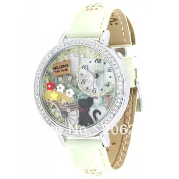 

MN1078A MINI watch double layer glass 3D cat watch DIY Handmade Genuine Leather Quartz Ladies watch 1pc+free shipping