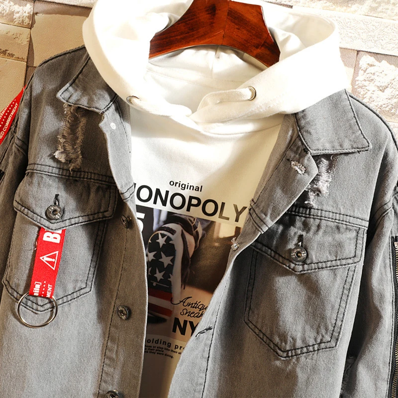 DIMUSI Мужская джинсовая куртка модная уличная одежда с капюшоном в стиле хип-хоп рваные джинсовые пальто Мужская Harajuku куртка в уличном стиле Одежда, YA731